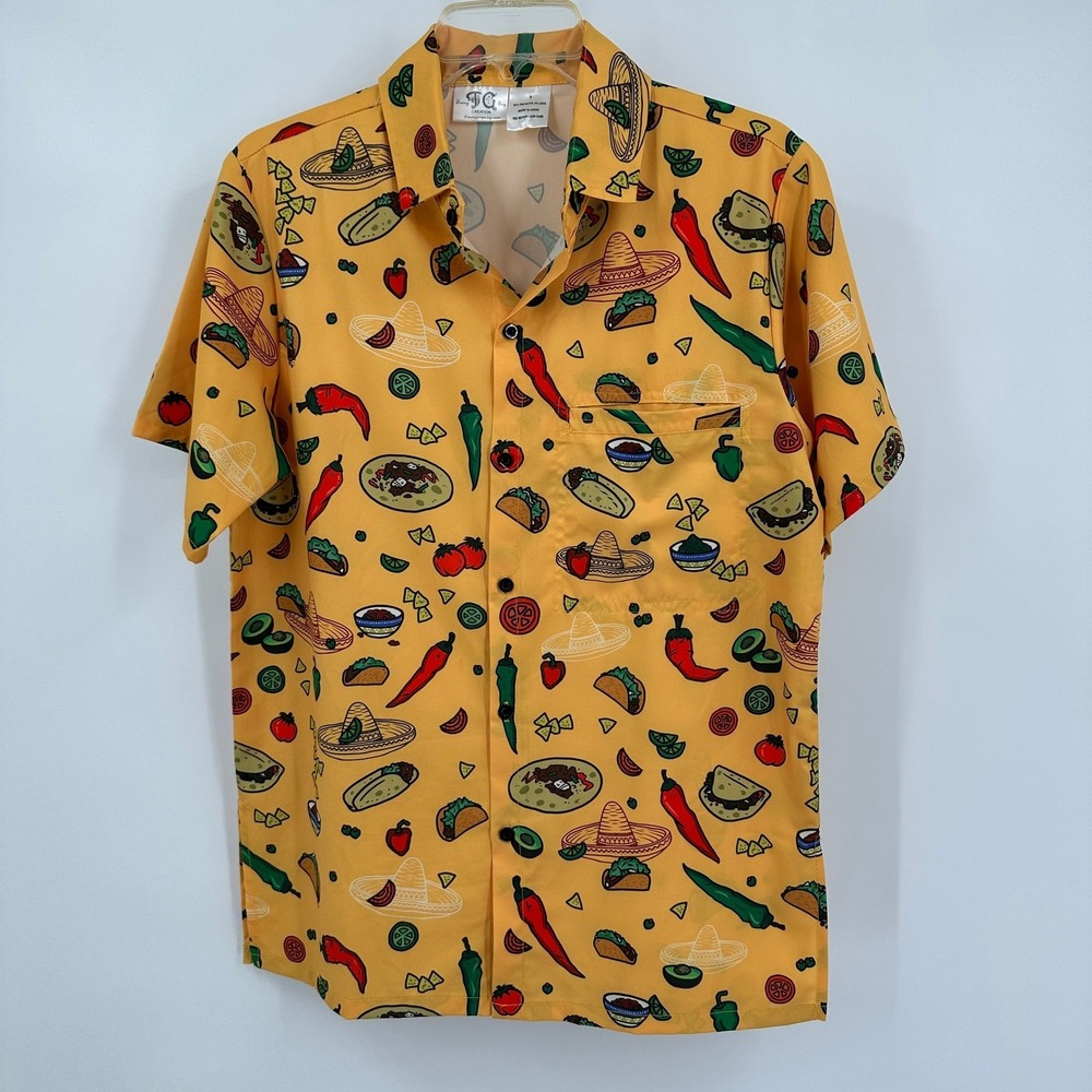 Funny Guy Mugs‎ Mens Yellow Mexican Food Taco Print Shirt Size S Fiesta Foodie